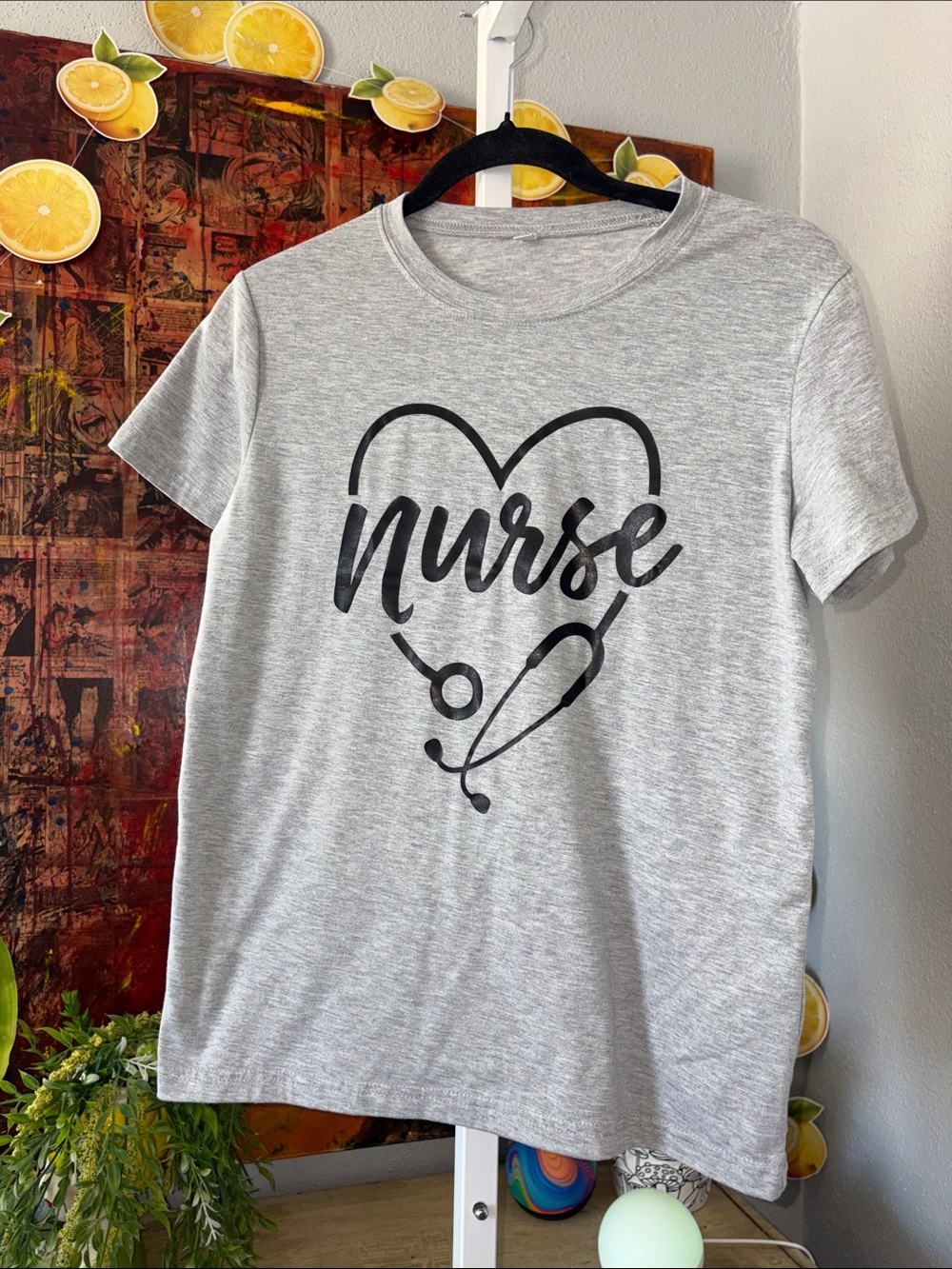 Nurse Heart Stethoscope Graphic Tee - Light Gray Size S